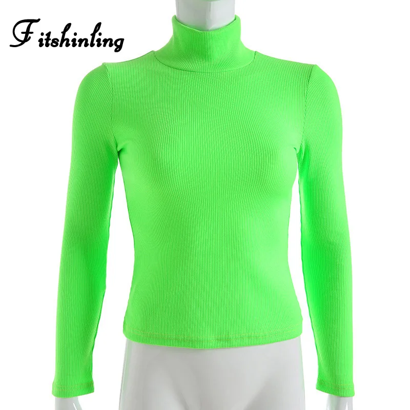 Fitshinling Fashion hot fluorescence t-shirts women tops neon long sleeve slim turtlenecks female t-shirt solid t shirt - Цвет: fluorescence green