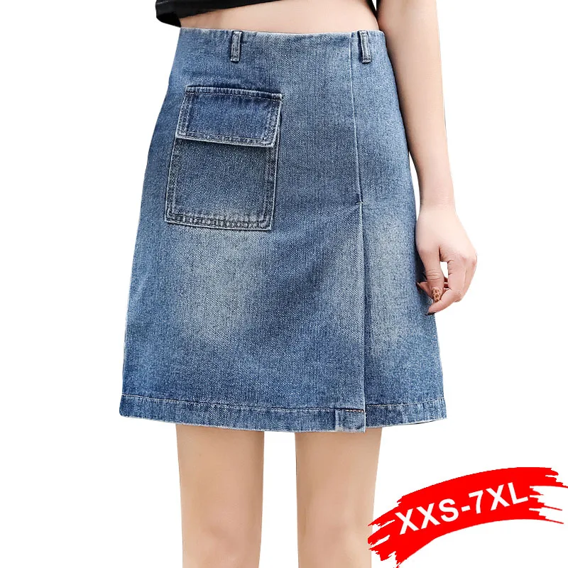 

Plus Size Design Front Pockets High Waist A-Line Mini Skirts 3Xl 7Xl Summer Blue Jean Skirt Style Saia Jeans Short Jeans Skirts
