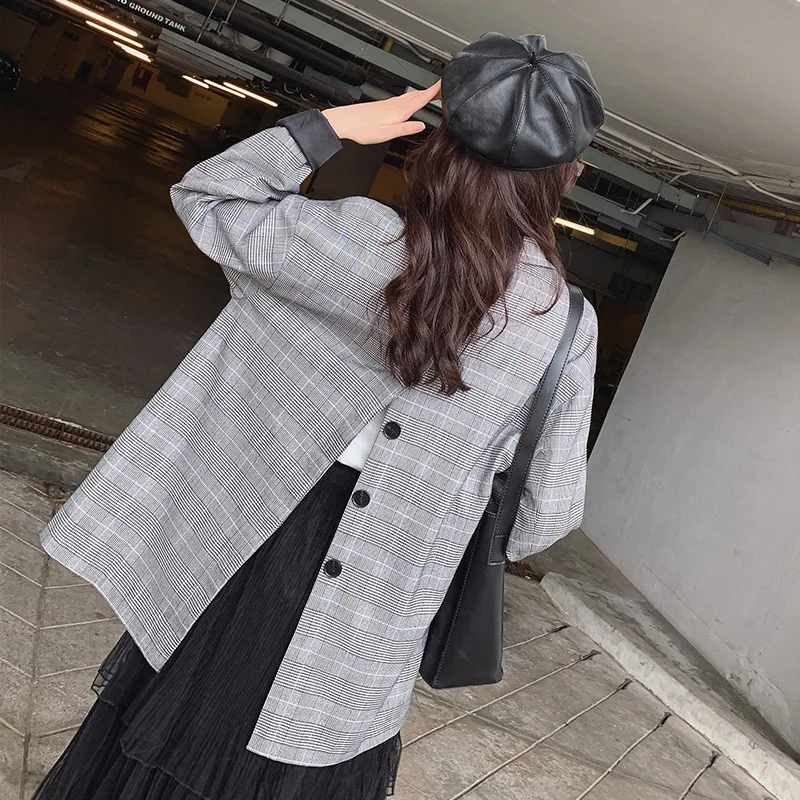

LANMREM 2019 New Spring Loose Long-sleeved Back Buckle Patchwork Design Plaid Blazer For Women Fashion Casual Jacket QF15602