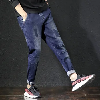 

Autumn Winter Men Straight Denim Jeans Casual Patchwork stretch Offset Printing Bleach Vintage Loose Male Long Cowboy Jeans