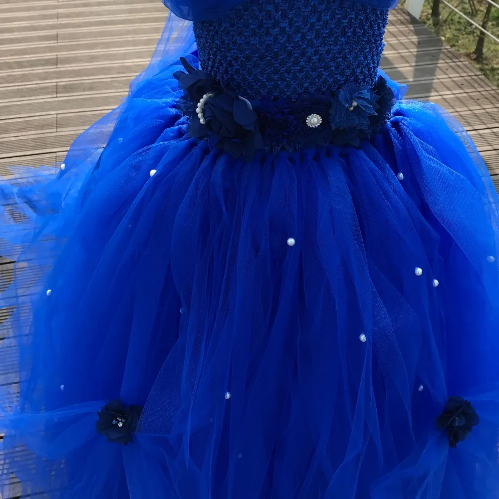 Шикарная мечта, очаровательные королевские синие свадебные платья с цветами для девочек, с цветочным поясом, с жемчугом, Тюлевая детская праздничная одежда в стиле Лолиты