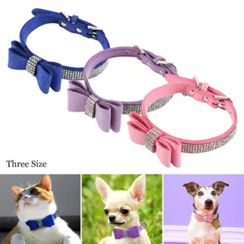 

Hot 3 Colors Leather Rhinestone Diamante Dog Collar Soft Bow Tie Cat Puppy Small Pet Cute