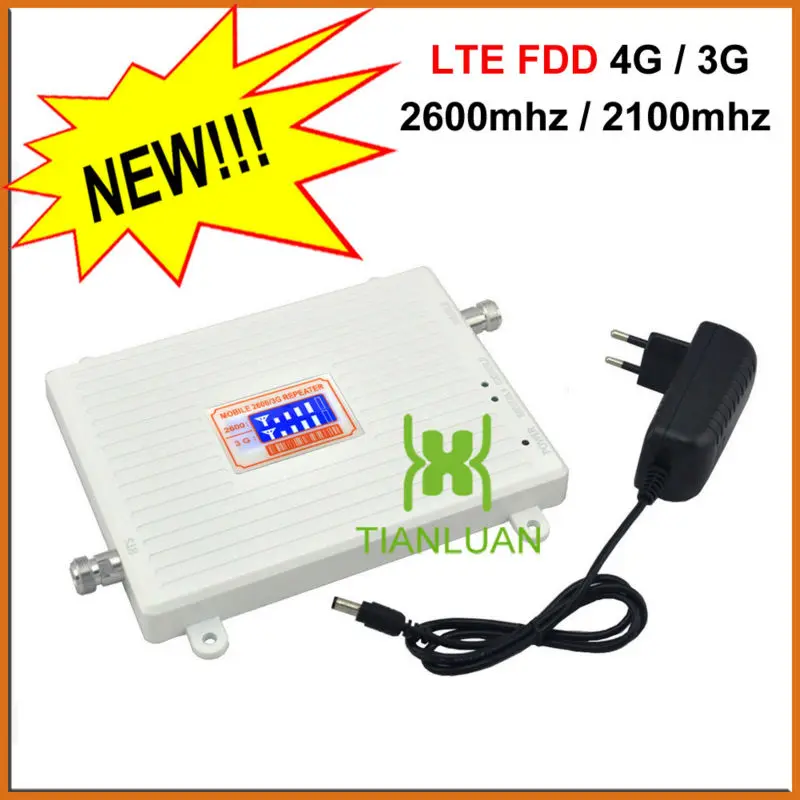 

LCD Display 4G FDD LTE 2600MHz 3G W-CDMA UMTS 2100MHz Dual Band Mobile Phone Signal Booster 3G 4G Signal Repeater with 12v Power