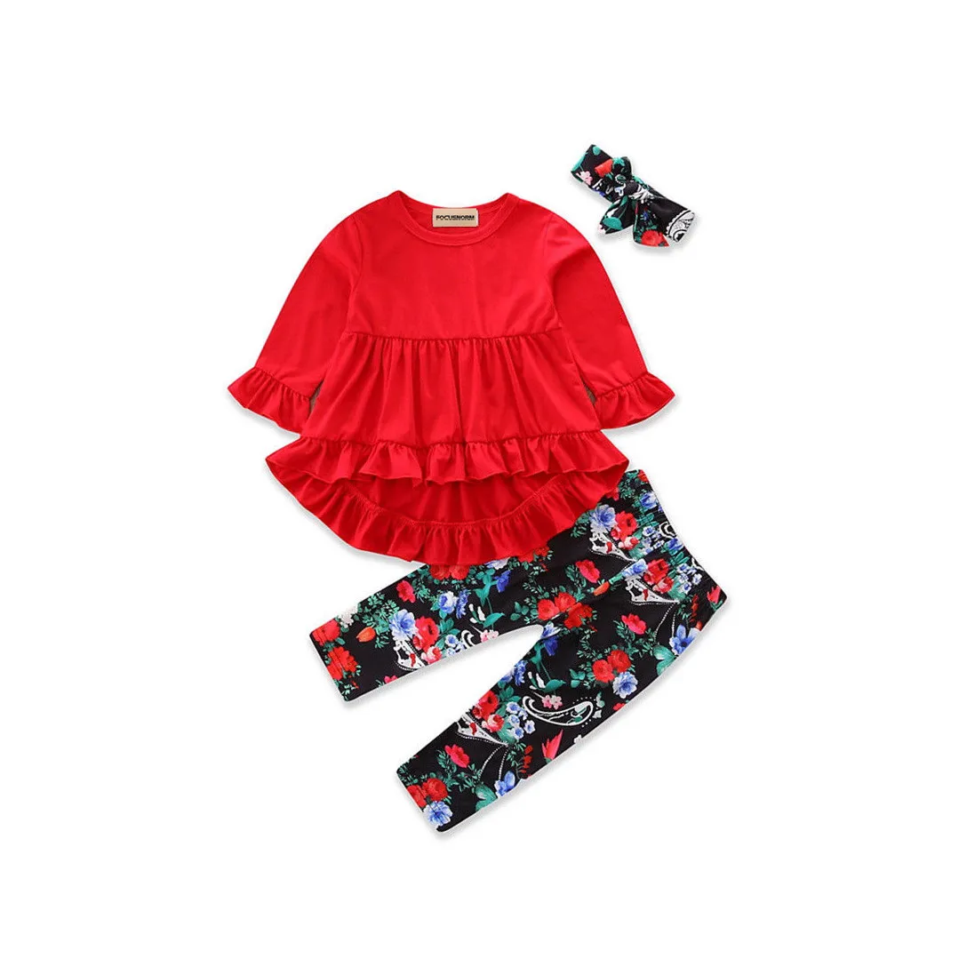 

3pcs Christmas T-shirt Tops Dresses Floral Pants Headband Set Fashion Kids Baby Girls Outfits Set