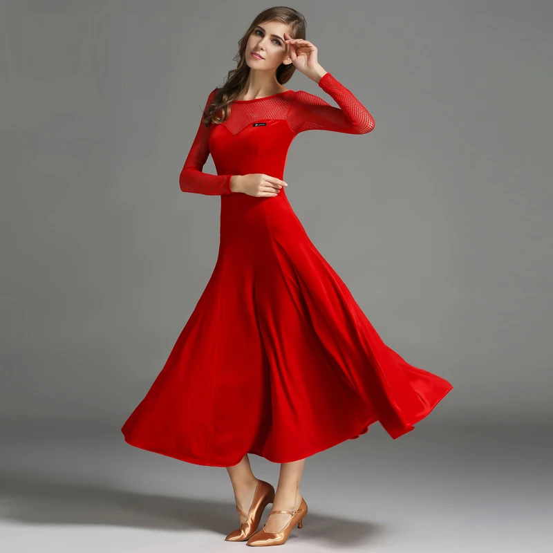 Adult Modern Dance One piece Dress Long Sleeve Velvet Ballroom Dancing