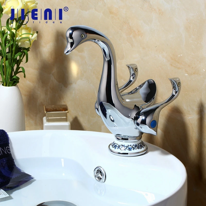 JIENI Mandarin Duck Bathroom Basin sink Mixer Taps Polished Chrome 2 Handles Deck Mounted Bathroom Widespread Faucet