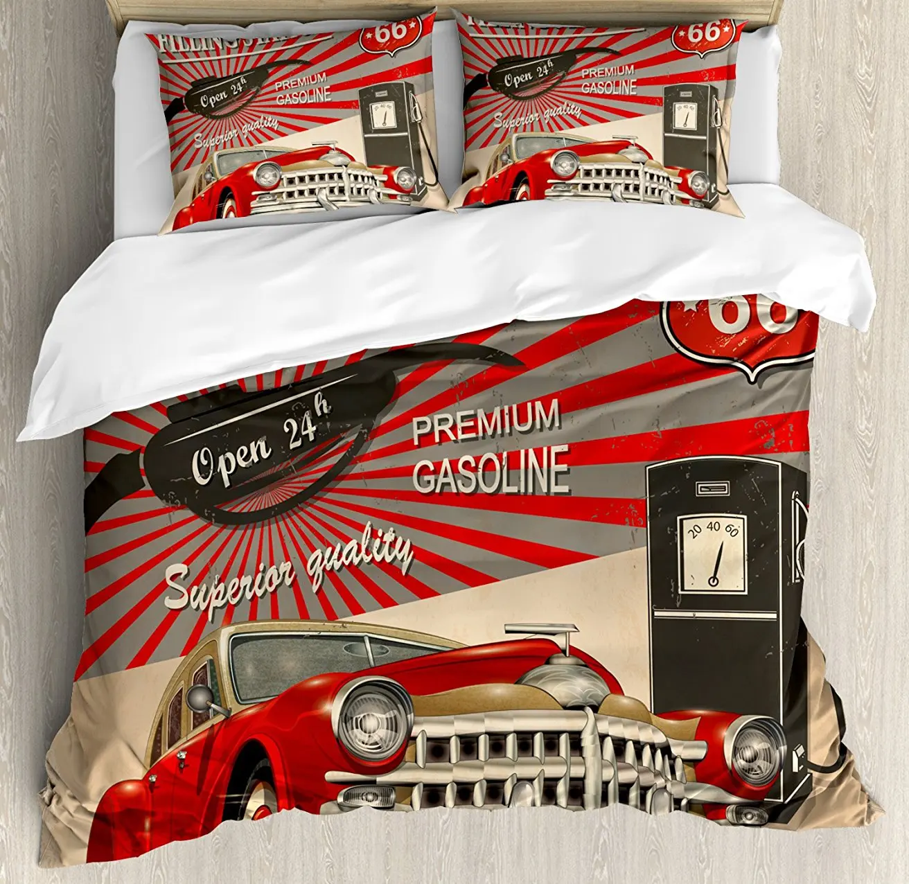 Cars Duvet Cover Set Poster Style Image Gasoline Station Commercial