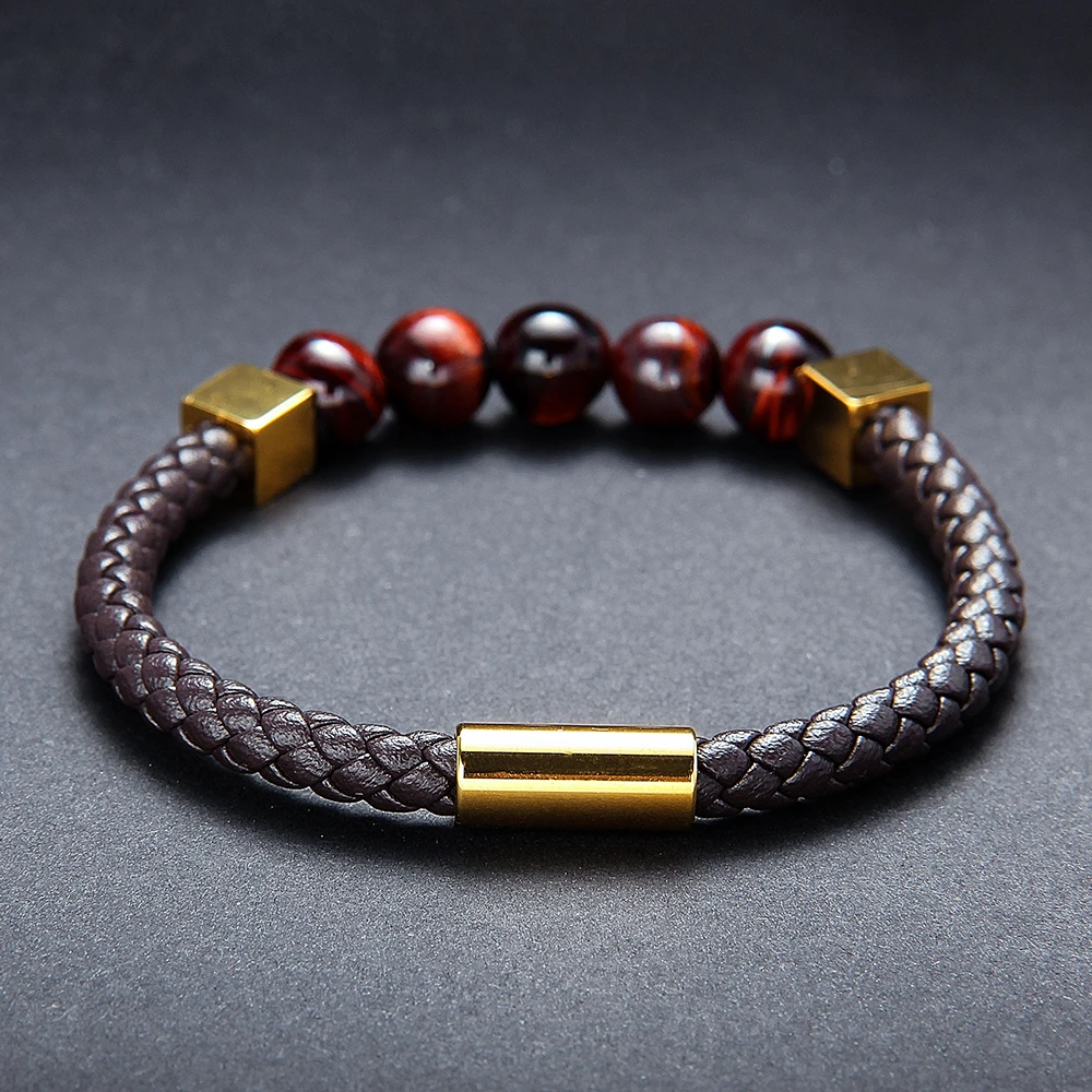 HMSFELY Fashion Men Real Leather Rope Stone Beaded Black Brown Bracelets Stainless Steel Gold Beads Magnetic Bracelet For Men