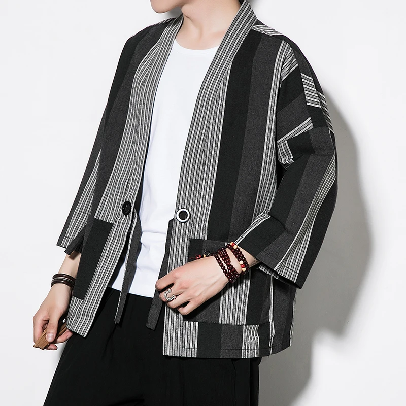 Для мужчин в полоску Повседневное свободную рубашку китайский Стиль летний кардиган пальто мужские кимоно куртка