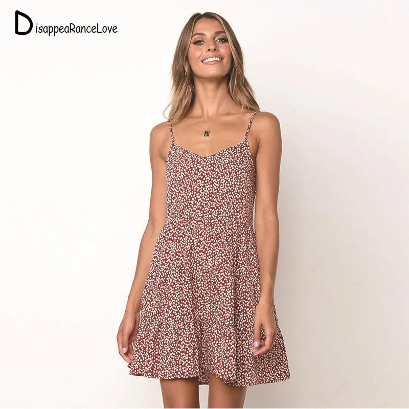 

Disappearancelove 2019 Summer printing V Neck Halter Dress Women Sexy Backless Beach Sleeveless Ruffled Hem Short Dress
