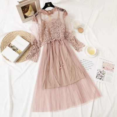 Новинка, летние модные весенние женские кружевные платья с цветочным рисунком, Сетчатое платье, Длинные Сексуальные вечерние платья, женская одежда, Vestidos WZ496 - Цвет: Розовый