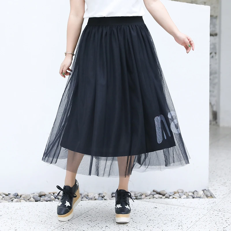 summer plus size long skirt for women casual loose elastic waist large voile mesh pleated skirts black 4XL 5XL 6XL 7XL 8XL