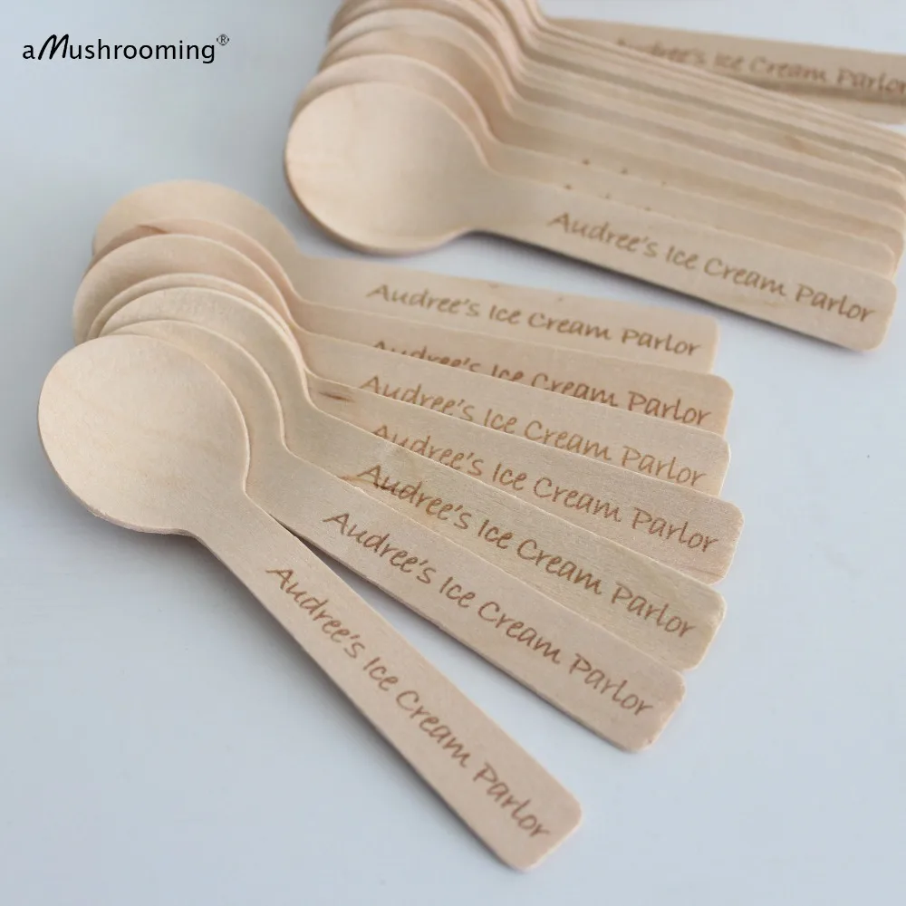 

x100 Custom Ice Cream Parlor Disposable Mini Wooden Spoons Engraved Dessert Pudding Taster Spoons Rustic Wedding Birthday Favor