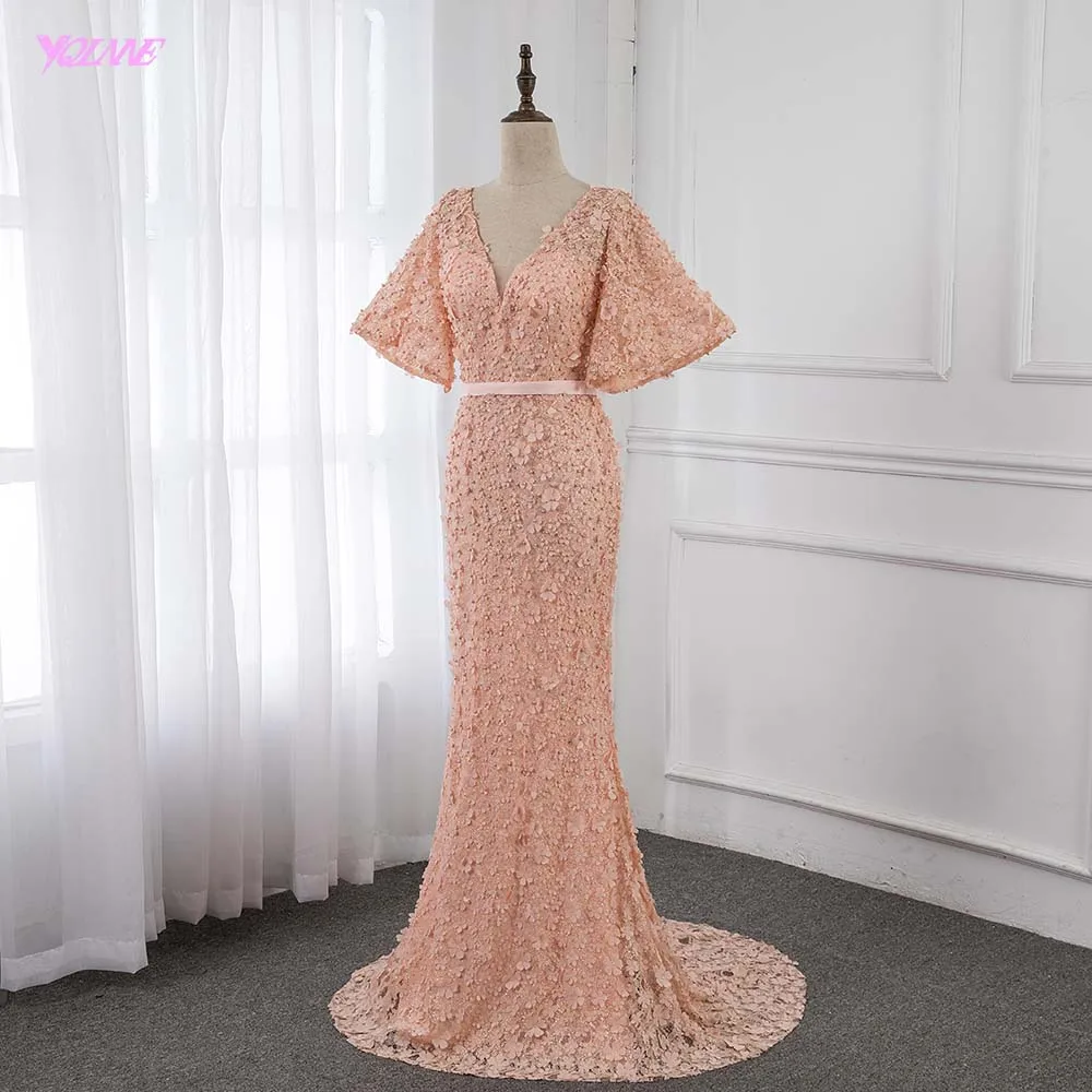 Robe De Soiree новые элегантные кружевные цветы Формальные Вечерние платья с длинным v-образным вырезом платье с жемчугом платье русалки YQLNNE