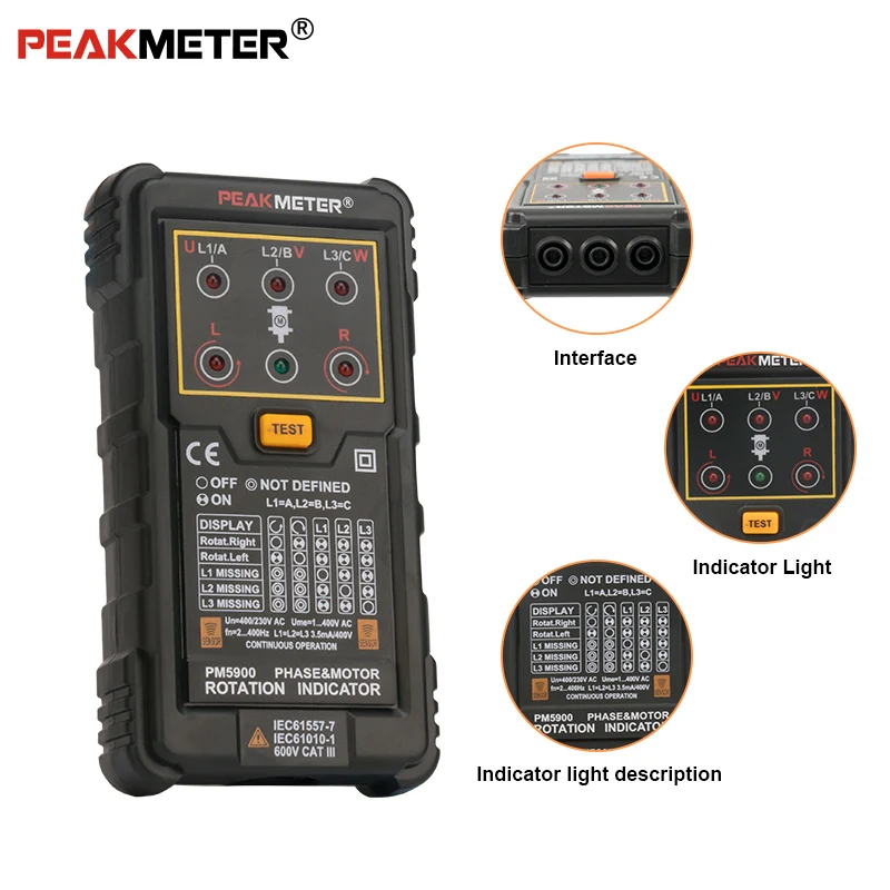 Peakmete PM5900 индикатор вращения двигателя и фазы трехмоторный последовательный