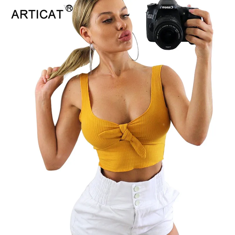

Articat Bow Tie V Neck Summer Crop Top Women White Sleeveless Backless Casual Short Top Tees Camis Sexy Bustier Feamle Tank Tops