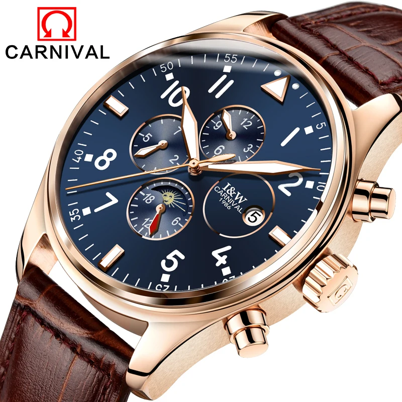 Carnival Sapphire Automatic Mechanical Watch Men Stainless steel waterproof brown leather blue Watch relogio masculine