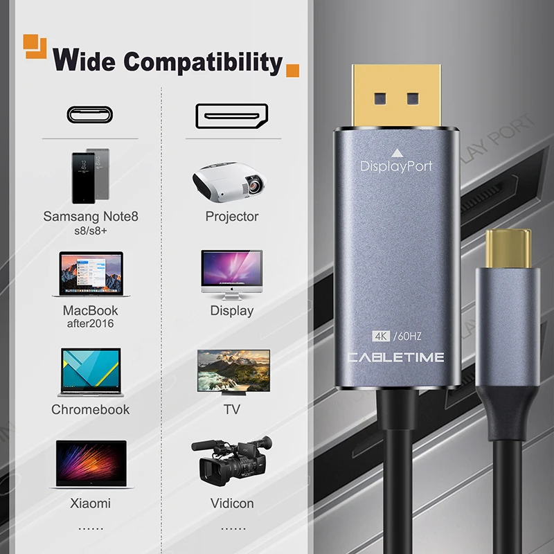 CABLETIME USB C to DisplayPort Cable 4K 60Hz USB 3.1 Type C Thunderbolt 3 to DP 1.3 Adapter USB to DP UHD External Video C031