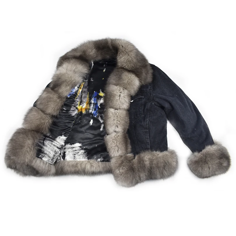 2018 spring real fox rabbit fur denim parka coat jacket jean high spring women natural fur coat thick lining warm fur parkas Coats