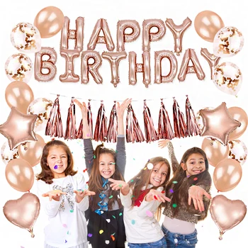 

Rose Gold Balloon Birthday Decoration Kit Foil Balloons Happy Birthday Balloon Letter Banner Heart Confetti Tassel Garland Kids