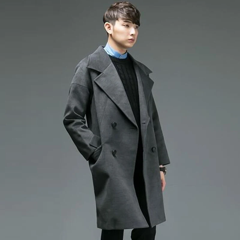 

Loose Cashmere Coat For Men England Fashion Loose Dropped Shoulder Sleeve Woolen Jacket Young Man Oversize Gray Peacoat