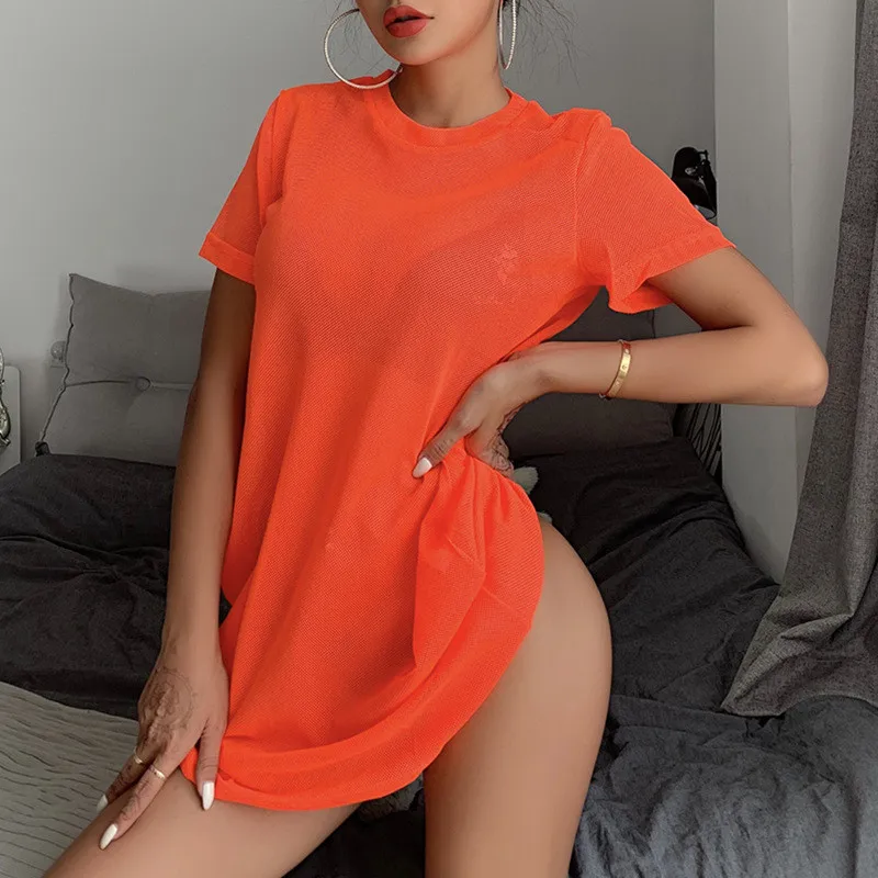 Nadafair, Повседневная футболка, Сетчатое платье, женское оранжевое неоновое свободное Летнее мини платье,, короткий рукав, прямое пляжное платье для женщин