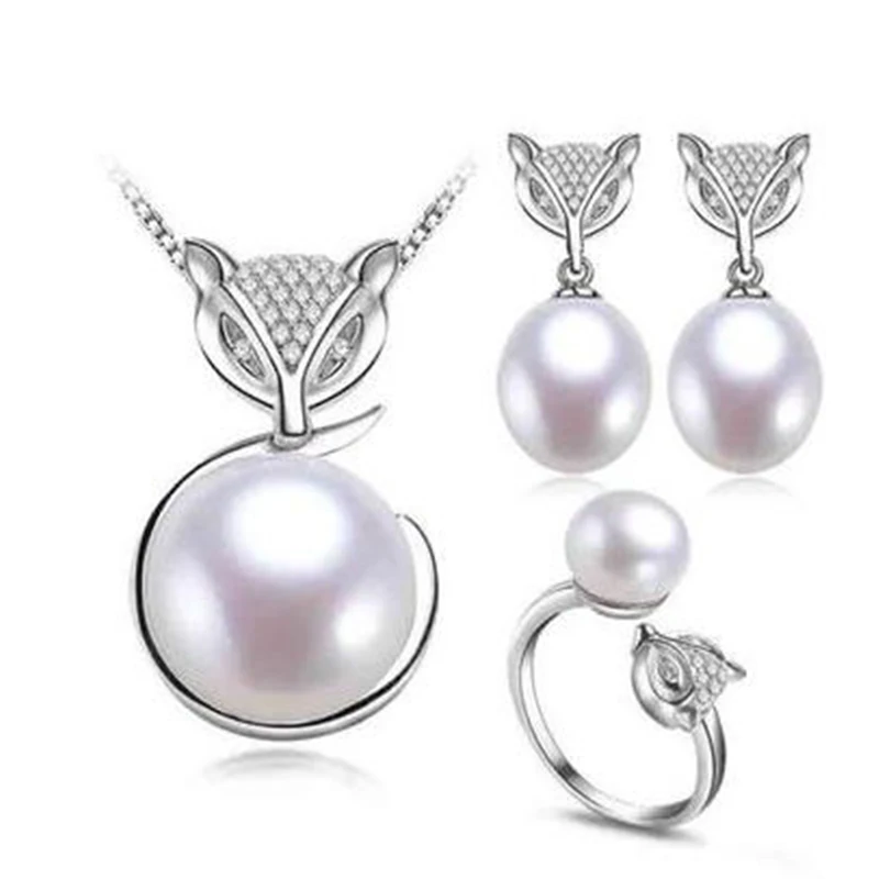 

9-10mm Cute Fashion fresh water pearl Animal jewellery sets for women pearl in pendant earring ring jewelry set natural white