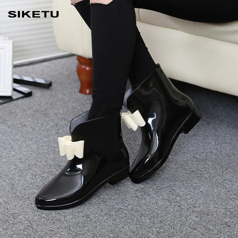 

Women Flower Bowtie Spring Ankle Boot Winter Rain Boots Female Waterproof Solid Rubber Platform Baby Rain Shoes Ladies Footwear