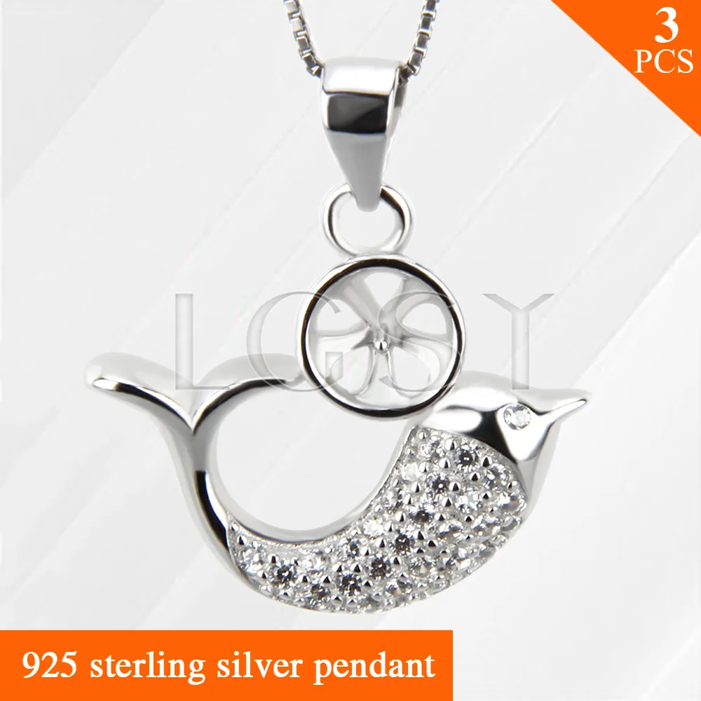 

Cute Dolphin with zircons 925 Sterling Silver pendant accessories 3pcs, mounting for women DIY pearls necklace