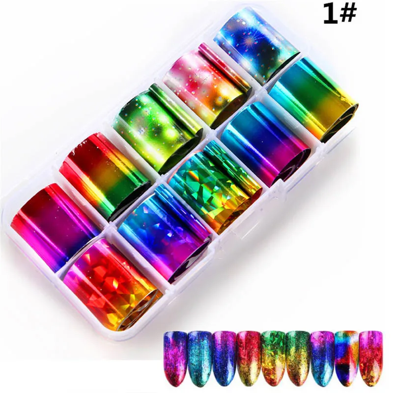 

nail art decorations nail sticker Holographic Transfer Foil Sticker nail stamping plates For Nail Tip Decoration DIY 10 Color