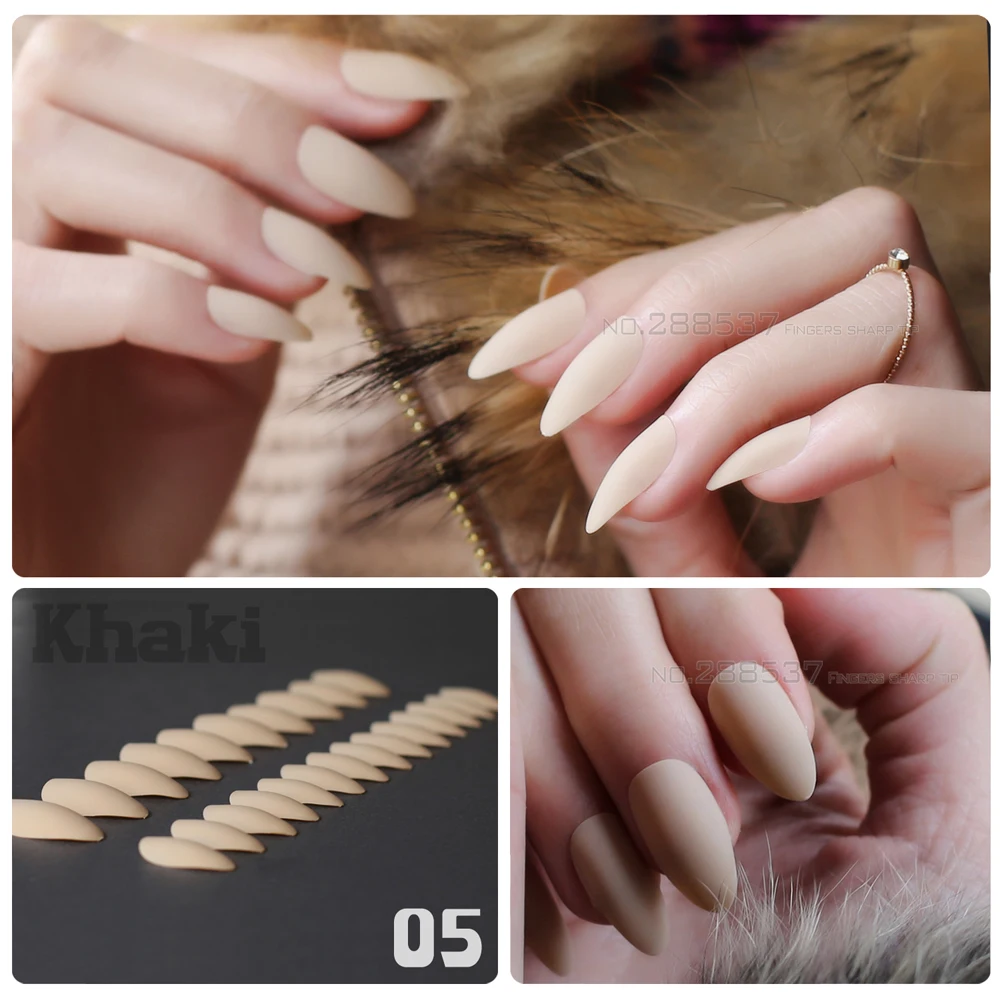 

Pure colour Nude New mountain peak Designs Khaki Artificial nail Fashion Full Nail Tips Stiletto Noble Matte False nails 24pcs
