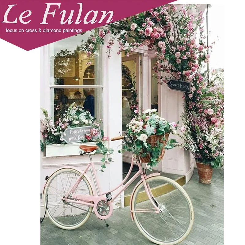 

Le Fulan 5d Diy Diamond Painting Wedding Decoration Flower Pink Bicycle Daimond Paintings European Scenery Diamant Embroidery