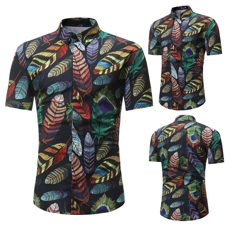 Summer Men Floral Shirt Short Sleeve Colorful Feathers Printed Beach