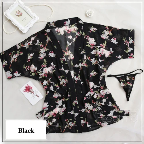 Black Feeetmoi Кимоно Babydoll сексуальное женское белье Женская одежда для сна шифоновое нижнее белье с печатью сексуальные горячие эротические костюмы платье+ пояс+ Т-образная спинка - Цвет: Black