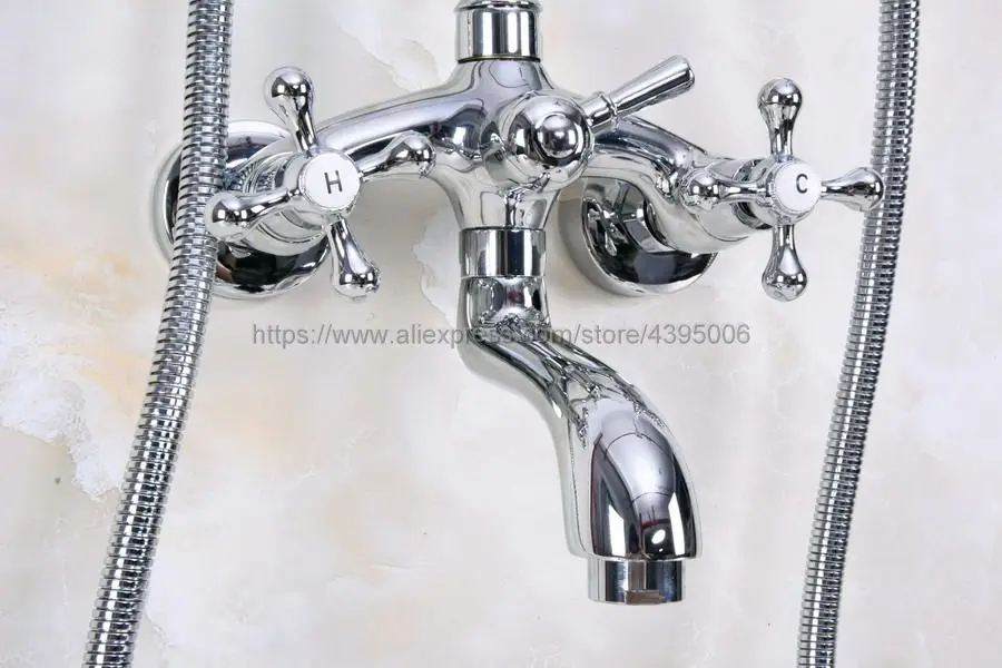 Полированная Chrome настенное крепление ванна кран Двойной Ручки с Handshower Ванная комната ванна смесители Bna232