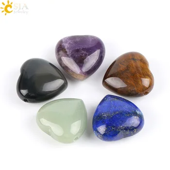

CSJA Natural Gem Stone Love Heart Pendants Lapis Lazuli Tiger Eye Clear Crystal Pink Quartz Opal Reiki Chakra DIY Jewellery E570