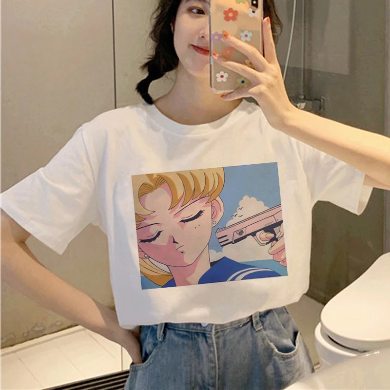 Sailor Moon Harajuku Ullzang, женские футболки, корейский стиль, футболка 90 s, графическая, милая, эстетическая футболка, забавные, кавайные, женские футболки