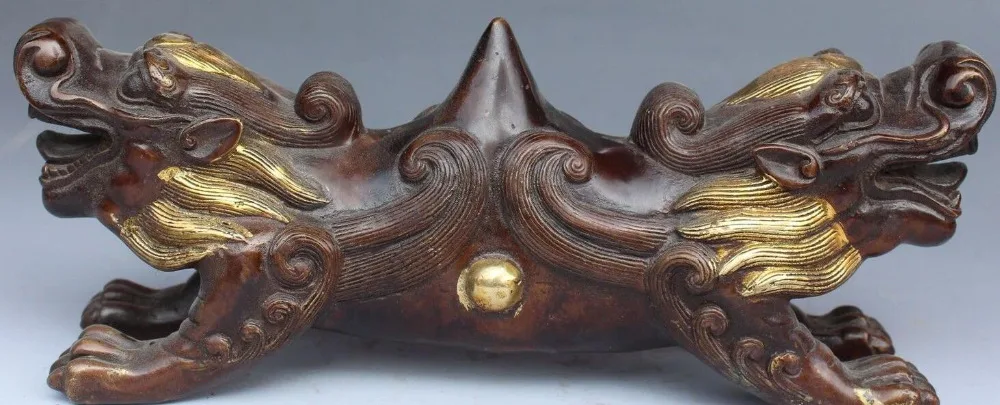 

6710920++10" Chinese Bronze Gilt 2 Head Pi Xiu Unicorn Dragon Beast pen rack penholder