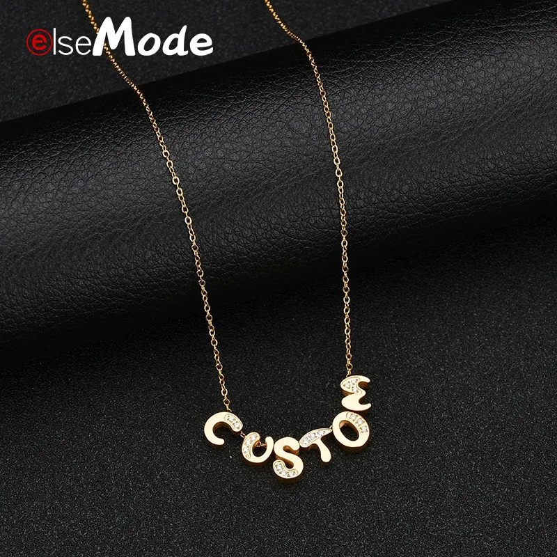 

ELSEMODE Name Necklace DIY Gold Steel Color Stainless Zircon Personalized Custom Choker Necklaces For Women Girl Gift