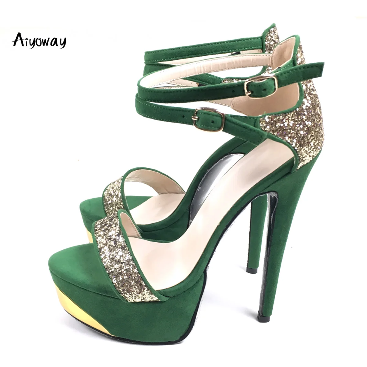 

Aiyoway Women Shoes Open Toe High Heels Platform Sandals Spring Ladies Summer Wedding Party Shoes Buckle Strap Glitter Green
