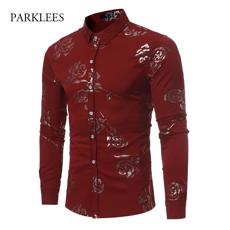 Kopen Nieuwe Bloemenprint Shirt Mannen Slim Fit Chemise Homme 2017 Luxe Merk Rose Bloemenprint Heren Overhemden Camisa Sociale masculina