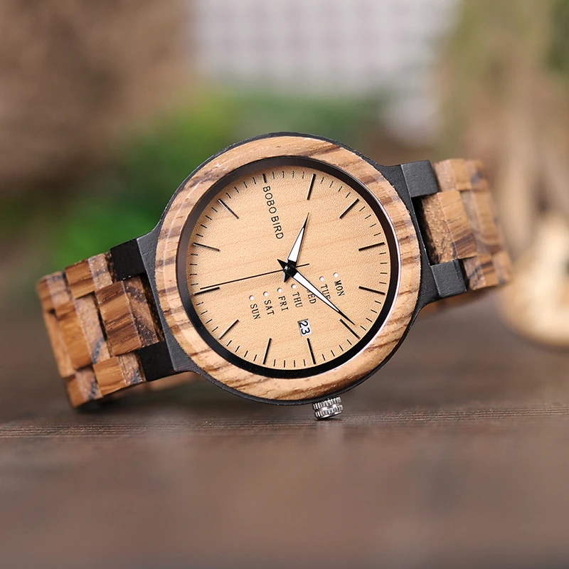 BOBO BIRD O26-1 Zebra Wood Army Military Watches for Men's Quartz Date wristwatch With Week Display In Gift Box Ship from Spain