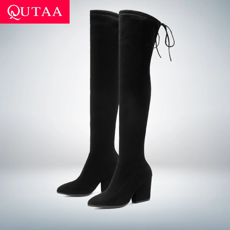 Qutaa 2020 Women Shoes Over The Knee High Boots Pointed Toe Autumn Winter Hoof Heels Flock Size 34 43 huismerk kopen in de aanbieding