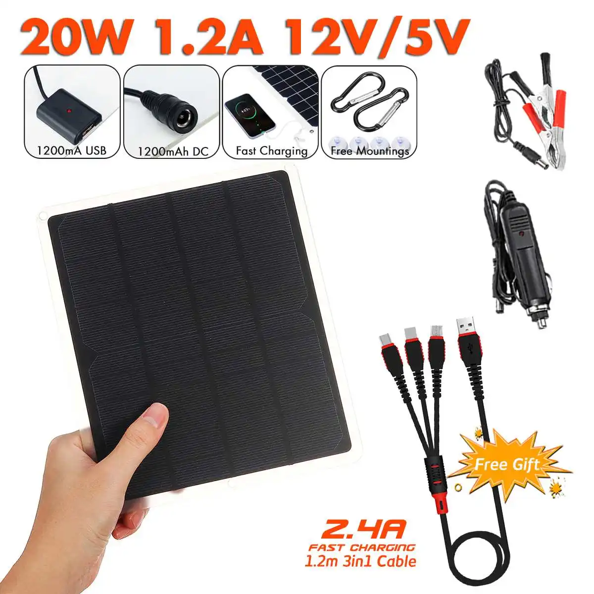 

Portable 20W 12V Solar Panel USB Power Bank Board External Battery Charging Solar Cell Board Crocodile Clips Car charger