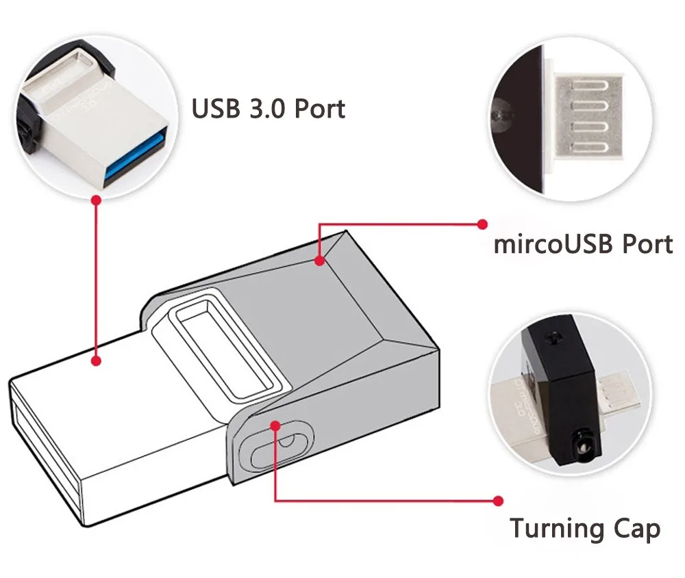 Kingston OTG Mini USB 3,0 USB флеш-накопитель 64 ГБ 32 ГБ 16 ГБ 128 ГБ флеш-накопитель смартфон планшет 2 в 1 Флешка Memoria Stick