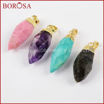 

BOROSA 5/10PCS Gold Color Multi-kind Stone Faceted Point Shape Natural Stone Pendant Beads Mixed for Necklace Jewelry DIY WX875
