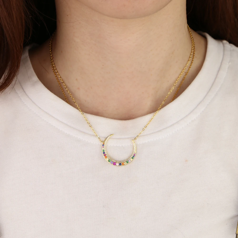 

gold filled fashion rainbow cz paved big moon charm necklace with gold color link chain for women wedding colorful cz necklace