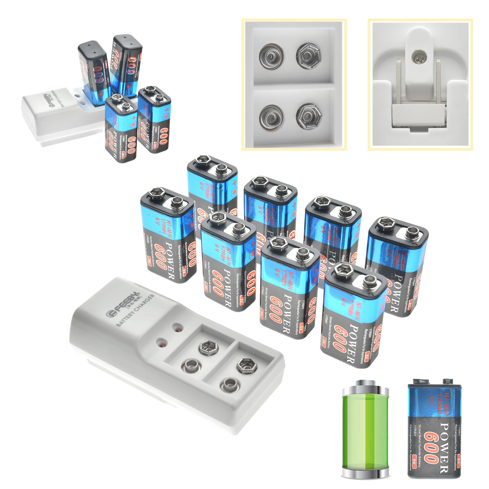 

2/4/6/8pcs 9V 6F22 600mAh NI-MH Rechargeable Battery & 9 Volt Charger High Volume US/EU Plug