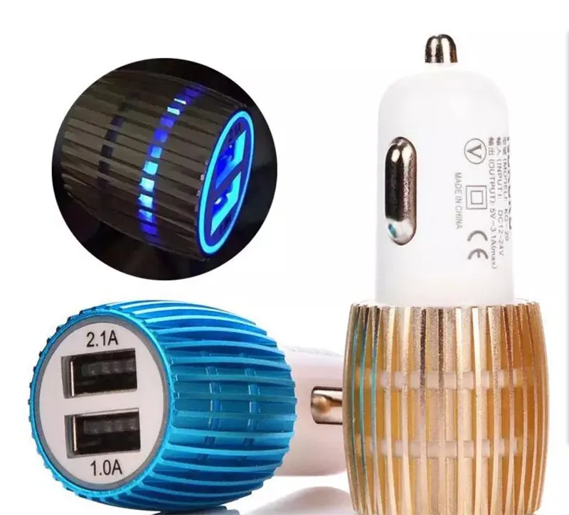 Travel Adapter Dual USB Car Charger Metal 2 Ports Blue Led Light 2.1A Round Square Car Plugs Adapter For iPhone Samsung Huawei