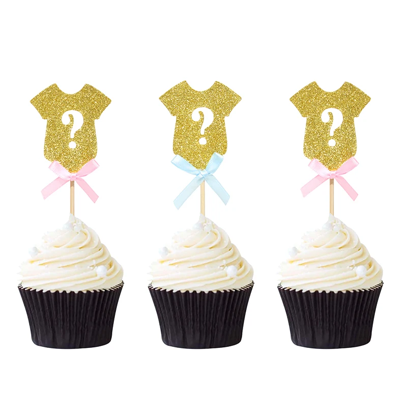

Cute 12pcs Gender Reveal Party Decors Onesies Question Mark Cupcake Toppers Boy or Girl Baby 1st Birthday Favor Free Shipping